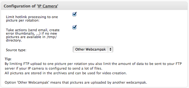 Configuration of an IP camera or Webcampak source